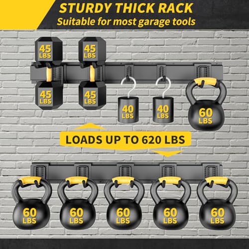 64 Inches Garage Storage, UUP Garage Organization Wall Mount Garden Tool Organizer, 620lbs Adjustable Metal Hooks, Yard Shed Rail Rack, Lawn Tool Holder for Hanging Rake Broom Mop Snowboard, Home Gift - size: 64" Alloy Steel with 4 Panels & 10 Hooks