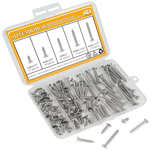 115 Pieces #10 x 1/2" 3/4" 1" 1-1/4" 1-1/2" Wood Screws Set, Phillips Countersunk Head #10 Self-Tapping Screws Assortment Kit, 304 Stainless Steel - size: #10, style: Phillips Countersunk Head