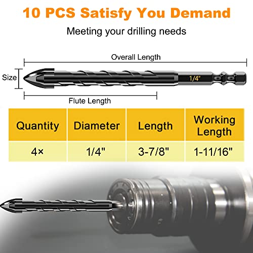10Pcs Cross-Tip Masonry Drill Bit Set & Concrete Drill Bit Set, 1/4" - size: 10 pcs 1/4" Masonry Drill Bits