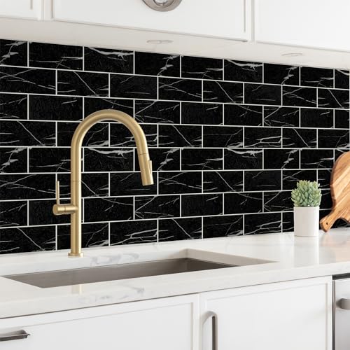 StyloVue 100 Pieces Peel and Stick Backsplash for Kitchen, 3" x 6" PVC Subway Tile Upgraded Nero Marquina with White Grout Backsplash Stick on Tile Elevate Kitchen, Bathroom, Fireplace,RV - color: Nero Marquina