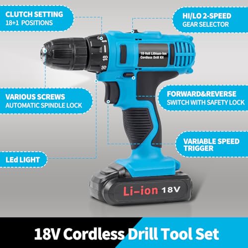 346 Pcs Tool Sets,18V Electric Power Drill Set, Cordless Drill for Men, Household Home DIY Hand Tool Kits,18+1 Clutch Cordless Power Drill Set for Thanksgiving, Christmas,Father's Day (Blue) - color: Blue