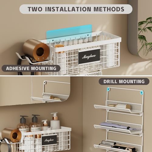 Magheo Hair Dryer Holder Wall Mounted, Adheisve Hair Styling Tool Organizer for hair Brush/Appliance Wall Mount with 5 Tier Shelf Basket Hooks Blow Dryer and Straightener Holder for Bathroom(White) - color: White