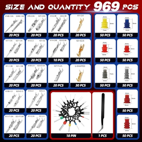 969Pcs Pins Connector Kit & 28 Types Electrical Terminal Pins Crimp Tool