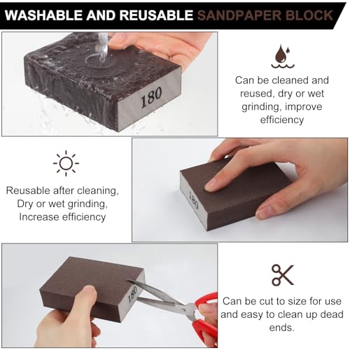 Romeda 8-Pack Sandpaper Block, 180 Grits Washable and Reusable Handmade Sanding Sponge, Drywall Sandpaper Blocks for Wooden Drywall Sheetrock and Metal Glazing - color: 180 Grits, size: 8-Pack