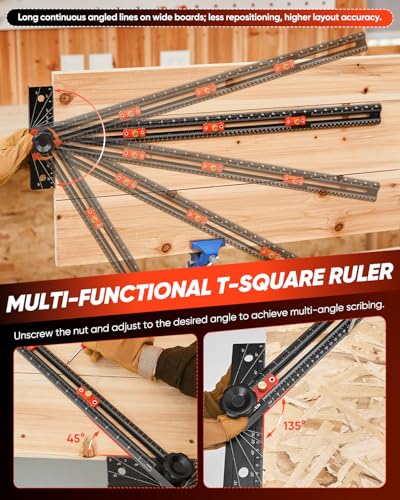 Saker 4-in-1 Scriber Marking Line Ruler, 29.5in Spliceable Extended T Square with Pencil, Precision Line Drawing & Drilling Positioning Tool, Cabinet Hardware Jig with Angle Adjustment for Woodworking - size: 29.5inch T Square Ruler with Pencil