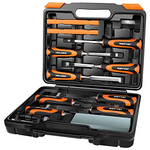 ENERTWIST 13pcs Wood Chisel Set, Premium Woodworking Chisel Sets w/ 8 CRV Construction Wood Chisels, 1 Sharpening Stone, 1 Honing Guide, 2 Carpenter Pencils, 1 Sharpener for Wood Carving in Hard Case | 8 CRV Construction Wood Chisels, 1 Sharpening Stone H