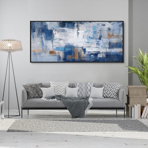 KLAKLA Living Room Wall Art - Navy Blue Abstract Large Paintings Artwork Picture Framed Canvas Bedroom Office Home Decoration Huge Art Work for Wall Decor - 70x31 Inches - color: Blue-White-Gray + Black frame, size: 70"L x 31"W