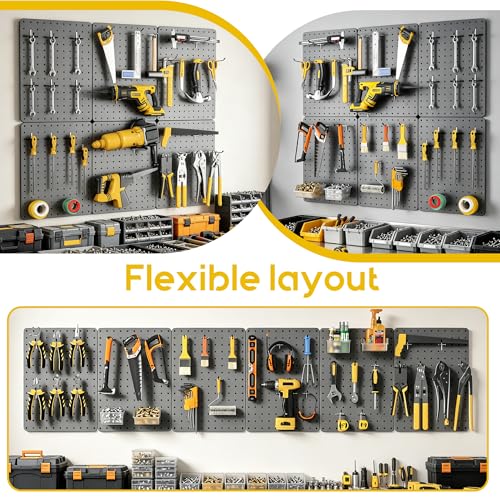 Pegboard Organizer Kit,6 Pack 14.76x10.82 in Metal Panels with 6 Bins, Gray - color: Gun gray, size: 14.76"x10.82"- 6 Pcs