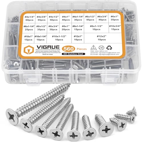 VIGRUE 560Pcs Stainless Steel Wood Screws Set #4#6#8#10#12 Phillips Countersunk Sheet Metal Screws Self Tapping Assortment Kit, Length 1/4" to 2" - style: 560pcs Flat head #4 #6 #8 #10 #12
