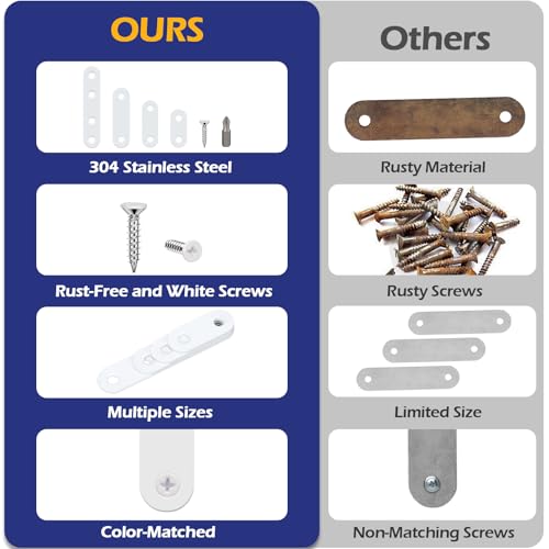 26 PCS White Stainless Steel Straight Bracket Flat Brace, 1.4 in / 1.8 in / 2.2 in / 3.0 in Wood Brackets Mending Repair Plate Brace for Bed Frame, Furniture & Shelves, with 64 White Screws and 1 Bit