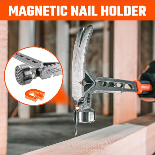 VANQUISH Framing Hammer 22oz One Piece Forged Straight Claw Hammer with Milled Face & Shock Reduction Grip, Claw Hammer with Magnetic Nail Holder Side Nail Puller, 0630-M - size: 22oz Milled Face