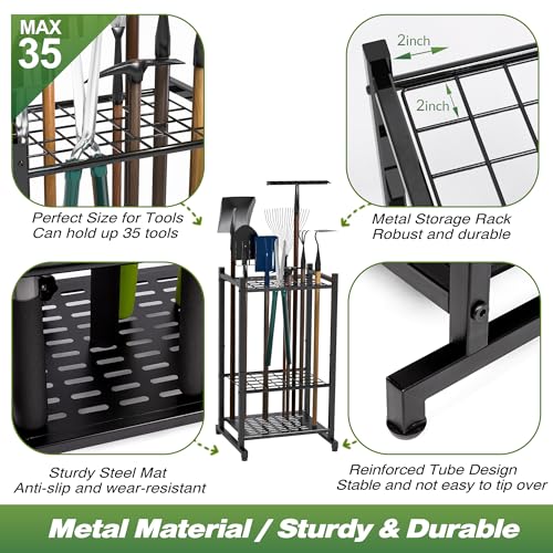 Garden Tool Organizer, Garage Tool Organizer & Garage Organization, Heavy Duty Steel Tool Storage Rack Holds 35 Rakes, Brooms Tools, Broom Holder and Mop Holder, Shed Organizer for Home Organization - style: Rack