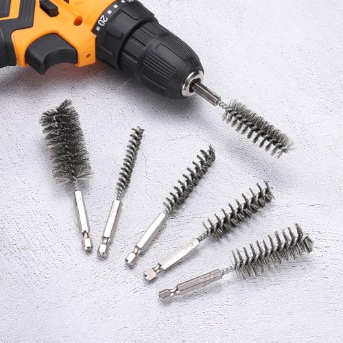 HARFINGTON 6Pcs Stainless Steel Bore Brush 8mm Dia 4" Long Cleaning Twisted Wire Brush with Handle 1/4" Hex Shank for Tubes, Ports, Bearings - size: 8mm
