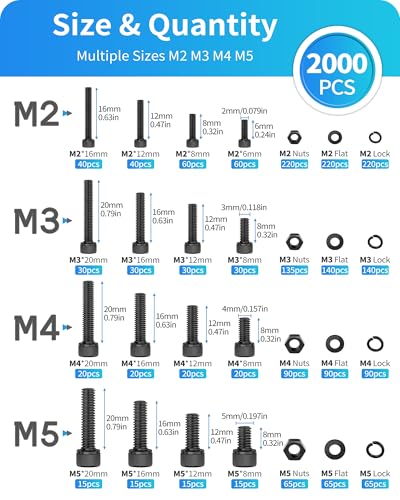 Metric Screw Assortment, 2000PCS Metric Bolt Assortment Kit M2 M3 M4 M5 Machine Screws with Lock & Flat Washers, Grade 12.9 Alloy Steel Hex Socket Head Cap Screws Nuts and Bolts Kit (Black) - size: M2M3M4M5 2000PCS (Black)