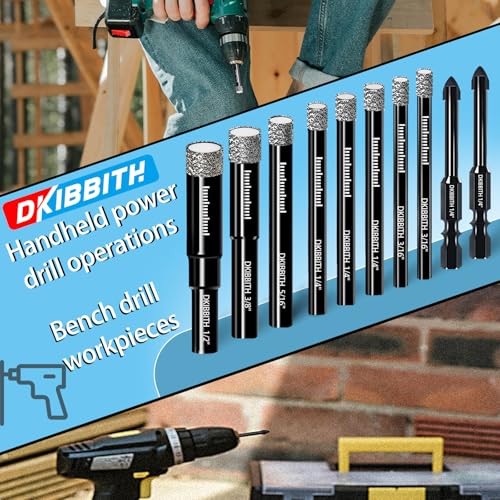 DKIBBITH 10 Pack Dry Diamond Drill Bits & Tile Drill Bit Set for Ceramic, Porcelain, Marble, Granite, Stone, Glass - Round Shank 3/16"(x2), 1/4"(x3), 5/16", 3/8", 1/2"+2 Pack Drill Bits 1/4" - size: 10 Pcs Diamond Drill Bit