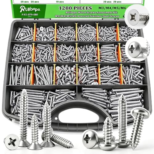 1200 PCS Stainless Steel Wood Screws Assortment Kit,Self Tapping Screws M3/M4/M5/M6 Screws Assortment Kit,1200Pcs(605pcs Round Head & 595pcs Flat Head) Sheet Metal Screws Assorted - size: 1200PCS-SV