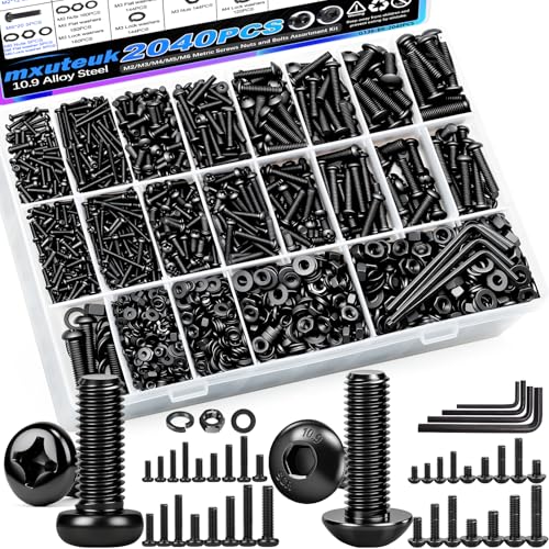 mxuteuk 2040PCS Metric Screws Nuts and Bolts Assortment Kit,M2 M3 M4 M5 M6 Machine Screws,Black Zinc Plated Hex Socket Button Head & Phillips Pan Head Screw for 3D Printing,DIY Projects - size: 2040PCS M2-M6