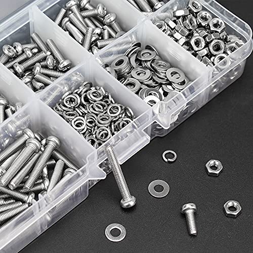 HELIFOUNER 500 Pieces M3 x 6mm /8mm /10mm /12mm /16mm /20mm, Phillips Pan Head Machine Screws, Metric Screws Bolts Washers Nuts Kit, 304 Stainless Steel - size: M3
