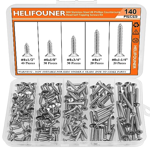 #8 x 1/2" 5/8" 3/4" 1" 1-1/4" Wood Screws Set, HELIFOUNER 140 Pieces Phillips Countersunk Head Self-Tapping Screws Assortment Kit, Phillips Flat Head Wood Screws, 304 Stainless Steel - size: #8