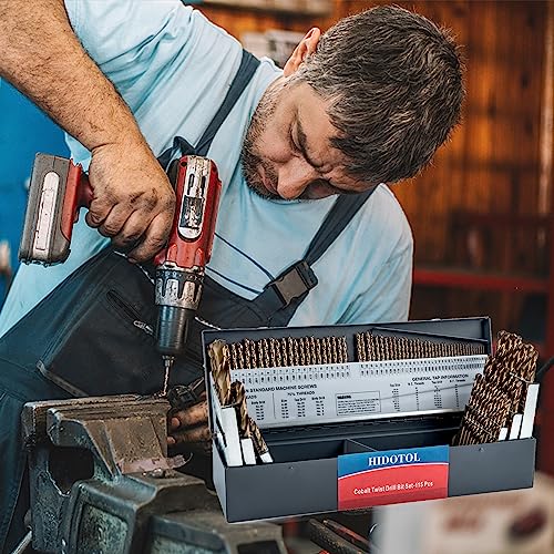 HIDOTOL 115PCS Cobalt Drill Bit Set M35 HSS for Hardened Steel Fractional 1/16"-1/2", Letter A - Z, Wire #1 - #60 with Indexed Metal Case - size: Cobalt 115 PCS - Sturdy Metal Box