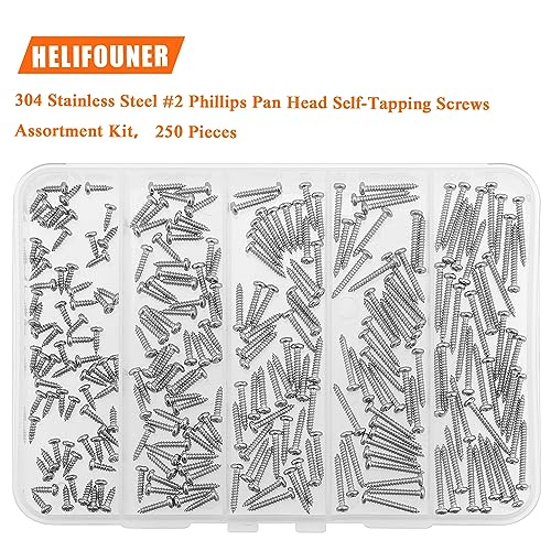 #2 x 1/4" 3/8" 1/2" 5/8" 3/4" Wood Screws Set, HELIFOUNER 250 Pieces Phillips Pan Head Self-Tapping Screws Assortment Kit, Phillips Pan Head Wood Screws, 304 Stainless Steel - size: #2