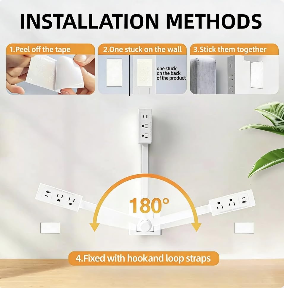 Outlet Extender, 180° Rotating & Extendable Plug Splitter, 2 AC Outlets, USB-A & USB-C Fast Charging, Surge Protector, No-Drill for Hard-to-Reach Areas Behind Couch & Desk