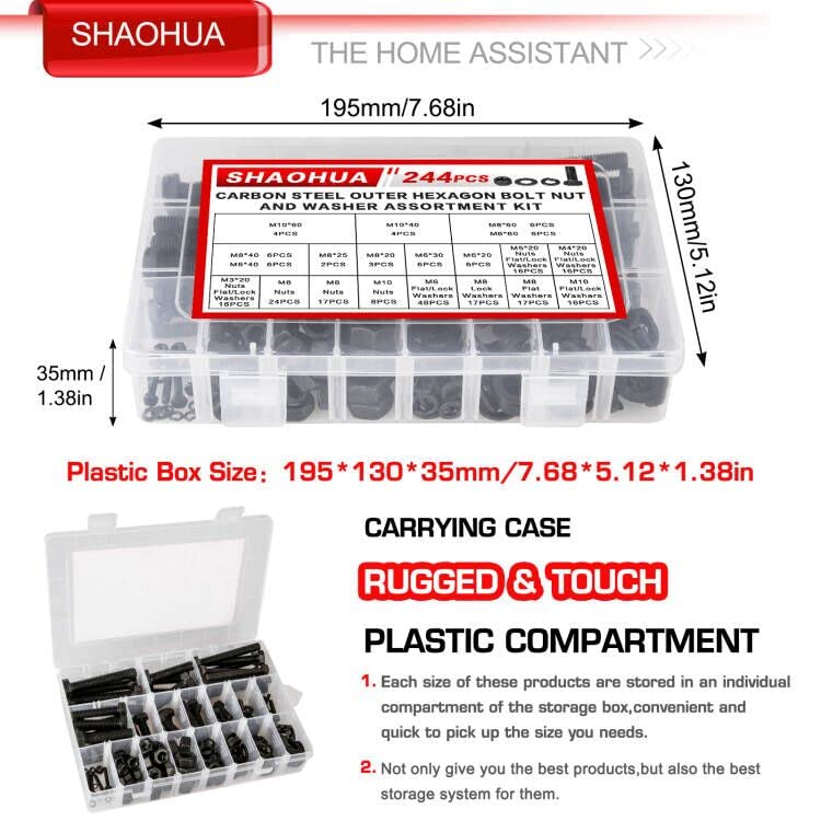 244PCS Hex Head Nuts and Bolts Assortment Kit, M10 M8 M6 M5 M4 M3 Metric Bolt Assortment, Screws and Nuts, Metric Bolt Kit, Grade 8.8 Alloy Steel Black Bolts and Nuts Kit with Lock & Flat Washers - size: B. M3 M4 M5 M6 M8 M10