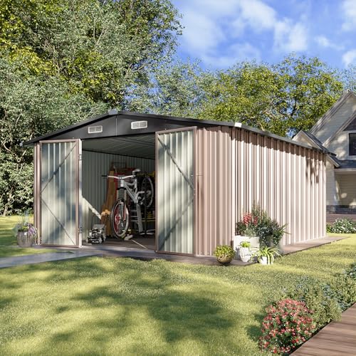 Aoxun 10 x 12FT Outdoor Storage Shed with Double Hinged Large Door, Brown