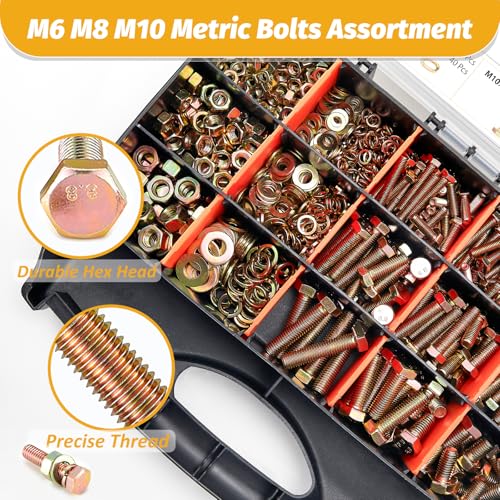 Kadrick 820Pcs Grade 8.8 Metric Bolt Assortment, M6 M8 M10 Hex Heavy Duty Bolts and Nuts Kit,M6 x1.0 M8 x1.25 M10-1.5 (12mm to 45mm),Yellow Zinc Plated - size: 820Pcs M6-M10 HEX Yellow