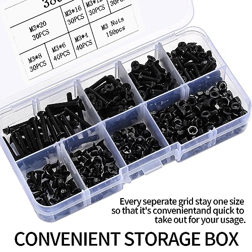 M3 Flat Head Machine Screws and Hex Nuts Kit, 380 Pcs Black Countersunk Head Phillips Screws Bolts Nuts Assortment Kit - M3 x 4mm/ 6mm/ 8mm/ 10mm/ 12mm/ 16mm/ 20mm - size: M3