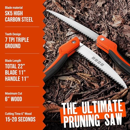 Folding Camping saw 11 Inch - Heavy Duty Pruning Saw with Triple-Cut SK5 Blade, 7 TPI Razor Teeth for Tree Trimming, Wood Cutting, Camping, Bushcraft, and Gardening - size: 11 INCH (Orange)