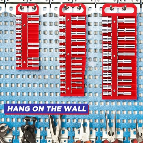 6 Pcs Magnetic Socket Organizer Holder Case Rail Rack for 1/2'', 3/8 '', 1/4'' Drive, Securely Holds 152 Sockets(Red,Blue) - color: Red,blue