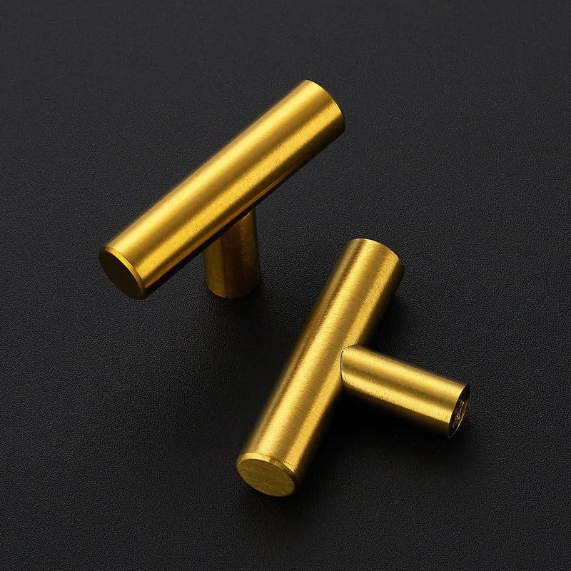 3 Pack Brushed Brass Cabinet Knobs, 2in Length T Bar Drawer Pulls | Single Hole Grip, Stainless Steel Build, Kitchen Cabinet Restyle, For Drawers, Dressers, Cupboards, Closet Doors - color: Brushed Brass, size: 3 Pack, style: T Bar