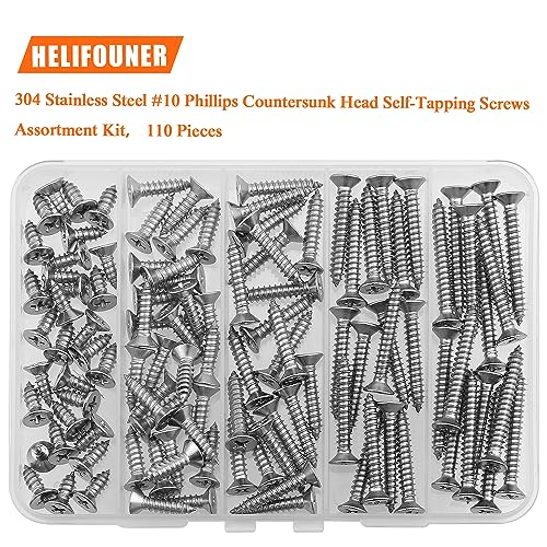 #10 x 1/2" 3/4" 1" 1-1/4" 1-1/2" Wood Screws Set, HELIFOUNER 110 Pieces Phillips Countersunk Head Self-Tapping Screws Assortment Kit, Phillips Flat Head Wood Screws, 304 Stainless Steel - size: #10