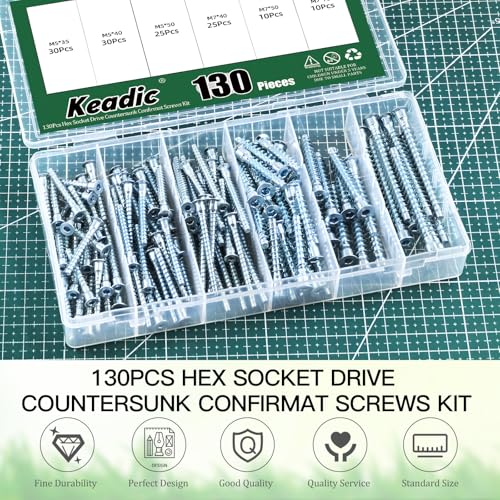 Keadic 130Pcs Confirmat Screws, Hex Socket Drive Countersunk Self-Tapping, Blue & White Zinc Plated Furniture Contecting Screw for Industrial and Scientific, M5 x 35mm/40mm/50mm, M7 x 40mm/50mm/70mm - color: Blue & White Zinc, size: NO.2