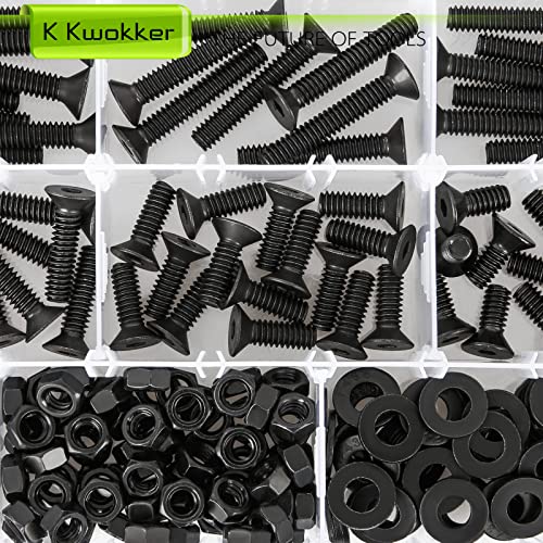 1/4 20 Bolt and Nuts, with Washers for Screws, Hex Socket Flat Head 7 Sizes are 2", 1-1/2", 1-1/4", 1", 3/4", 5/8", 1/2", 10.9 Grade Alloy Steel, Black, Full Machine UNC Thread - size: B. 1/4-20