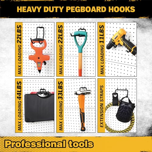 ELEAD 12-Piece Pegboard Hooks with Extension Straps, Heavy Duty Organizer Pegboard Accessories Fit for 1/4" Pegboard, Peg Board Tool Utility Hangers for Power Tool, Drill, Bag, Cord - style: 12-Piece