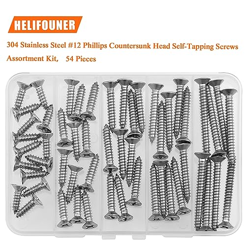 #12 x 3/4" 1" 1-1/4" 1-1/2" 2" Wood Screws Set, HELIFOUNER 54 Pieces Phillips Countersunk Head Self-Tapping Screws Assortment Kit, Phillips Flat Head Wood Screws, 304 Stainless Steel - size: #12