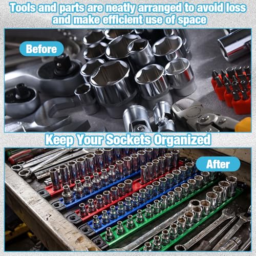 Ceenna 9 Set Magnetic Socket Organizer and Magnetic Screwdriver Organizer 6 Pcs 1/4", 3/8" & 1/2" Socket Rail Trays 3 Pcs Screwdriver and Wrench Holder Aluminum Alloy Tool Holder Red Blue Green