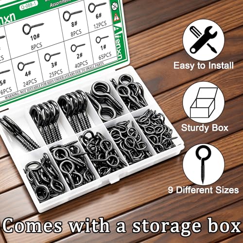 200PCS Black Eye Screws Kit, 1# -12# Eyelet Screws for Wood - color: Black, size: 1#-12#