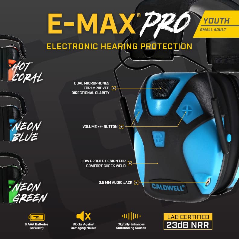 Caldwell E-Max Pro Electronic Hearing Protection Earmuffs Sound Amplification, Low Profile, for Range Shooting, Hunting - style: Youth-hot Coral