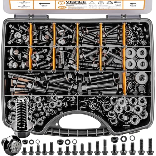 Vigrue 452PCS Metric Flange Nuts and Bolts Assortment kit, M6x1.0, M8x1.25, M10x1.5 Grade 10.9 Alloy Steel Black Zinc Plating Hex Bolts and Nuts Washers, Metric Bolt Set for Automotive Motorcycle - size: M6 M8 M10 Assorted