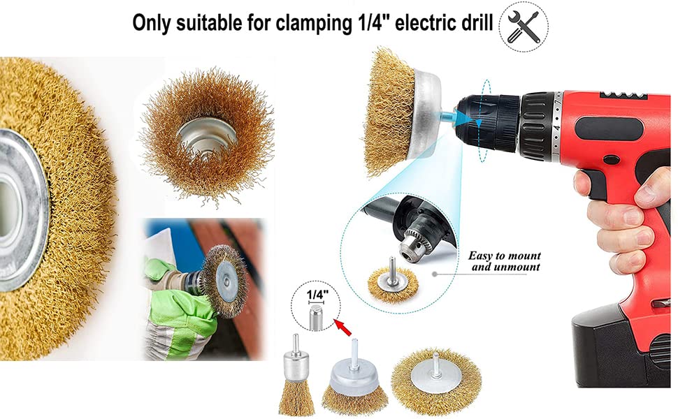 Wire Brush Wheel Cup Brush Set, 12 Pack Coarse Crimped Brass 1/4 Inch Shank Wire Wheel for Drill Attachment