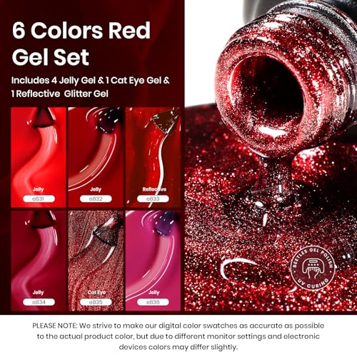 Beetles Red Gel Nail Polish Set, 6 Colors Jelly Gel Polish with Magnet - color: A - Red Jelly | Red Revival