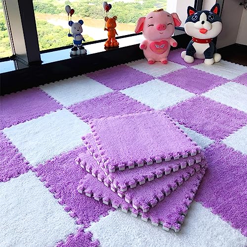 12pcs Tiled Puzzle Play Mats Interlocking Shaggy Soft EVA Foam Mats Protective Floor for Children Kids Room Home Parlor Bedroom Purple - color: Purple