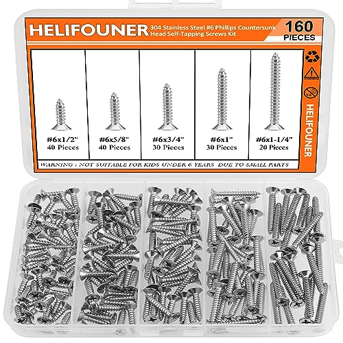 #6 x 1/2" 5/8" 3/4" 1" 1-1/4" Wood Screws Set, HELIFOUNER 160 Pieces Phillips Countersunk Head Self-Tapping Screws Assortment Kit, Phillips Flat Head Wood Screws, 304 Stainless Steel - size: #6