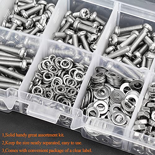 HELIFOUNER 500 Pieces M3 x 6mm /8mm /10mm /12mm /16mm /20mm, Phillips Pan Head Machine Screws, Metric Screws Bolts Washers Nuts Kit, 304 Stainless Steel - size: M3