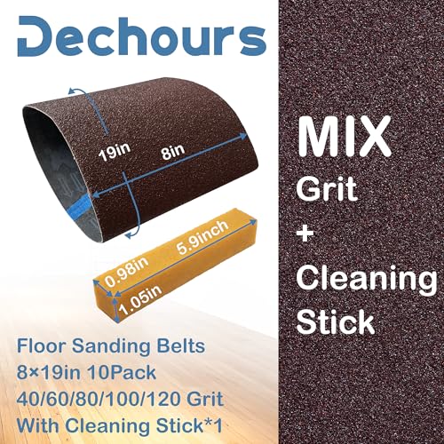 8" x 19" Sanding Belts, 10 Pack Assorted 40/60/80/100/120 Grit with Cleaning Stick – Aluminum Oxide Drum Sander Sandpaper for EZ-8, Hardwood Floor Refinishing & Wood Surface Prep