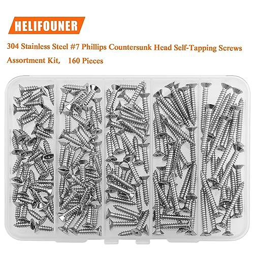 #7 x 1/2" 5/8" 3/4" 1" 1-1/4" Wood Screws Set, HELIFOUNER 160 Pieces Phillips Countersunk Head Self-Tapping Screws Assortment Kit, Phillips Flat Head Wood Screws, 304 Stainless Steel - size: #7