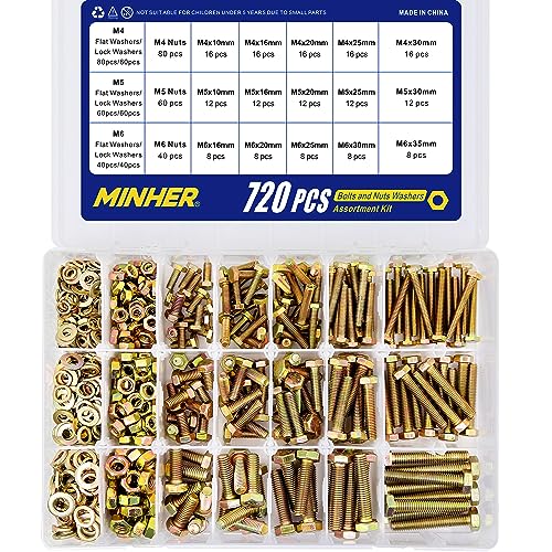 MINHER M4 M5 M6 Bolts and Nuts Assortment Kit 720PCS Hex Screws Nuts & Washers Set - color: M4, M5, M6 (720PCS)